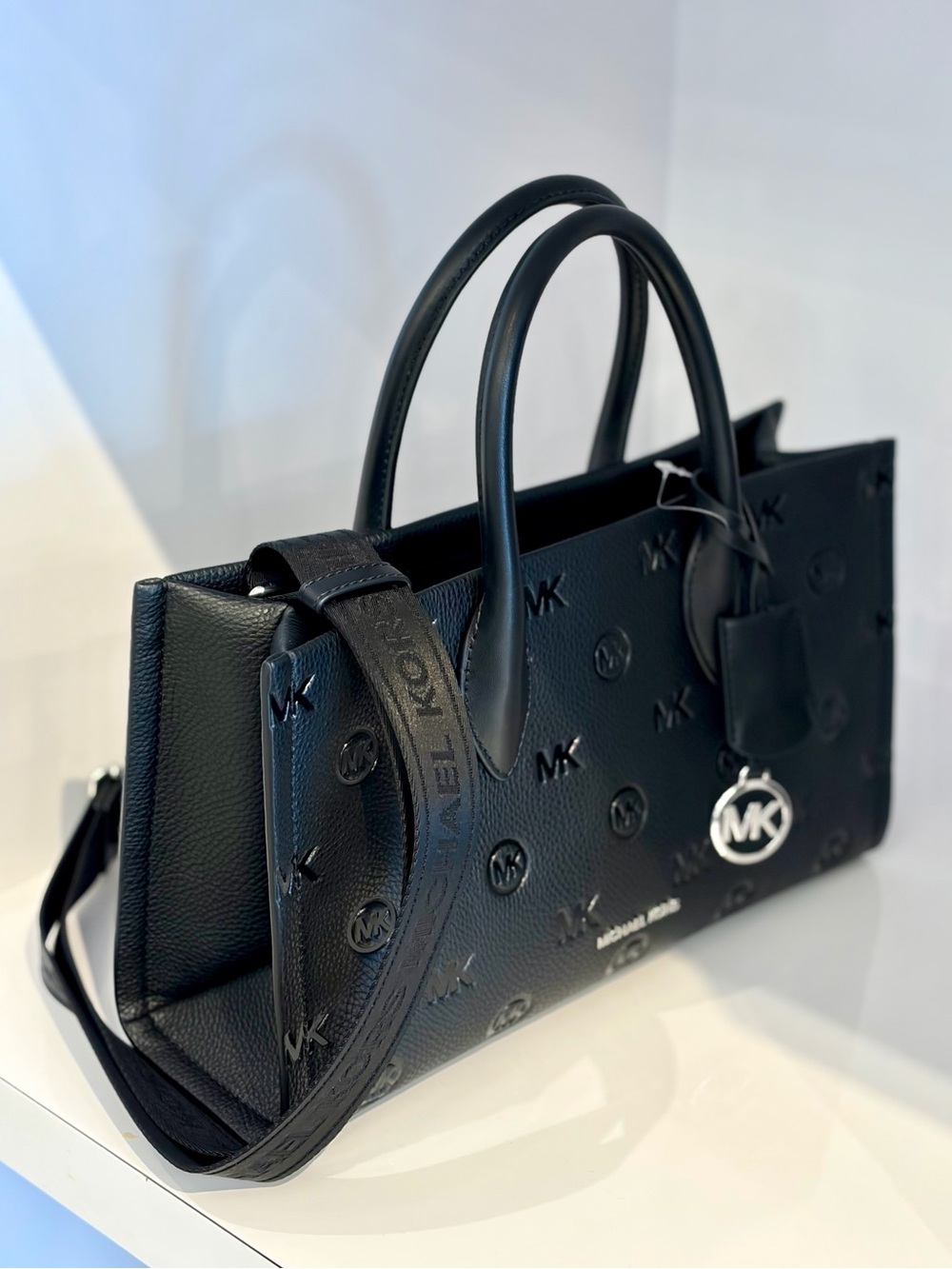 Michael Kors Mirella Medium Logo Debossed Satchel Crossbody Tote Black - Picture 9 of 15